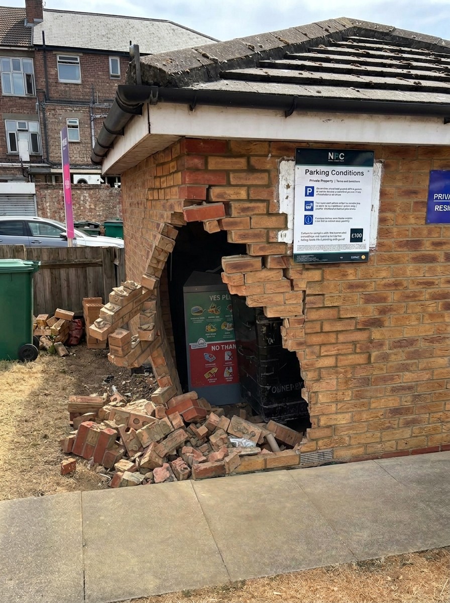 Brick bin store with a large hole in the wall after impact damage, collapsed brickwork piled on the ground